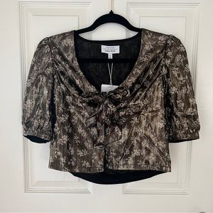 NWT & Other Stories $89 Cropped Metallic Bow Blouse Top Black Florals Size US 0